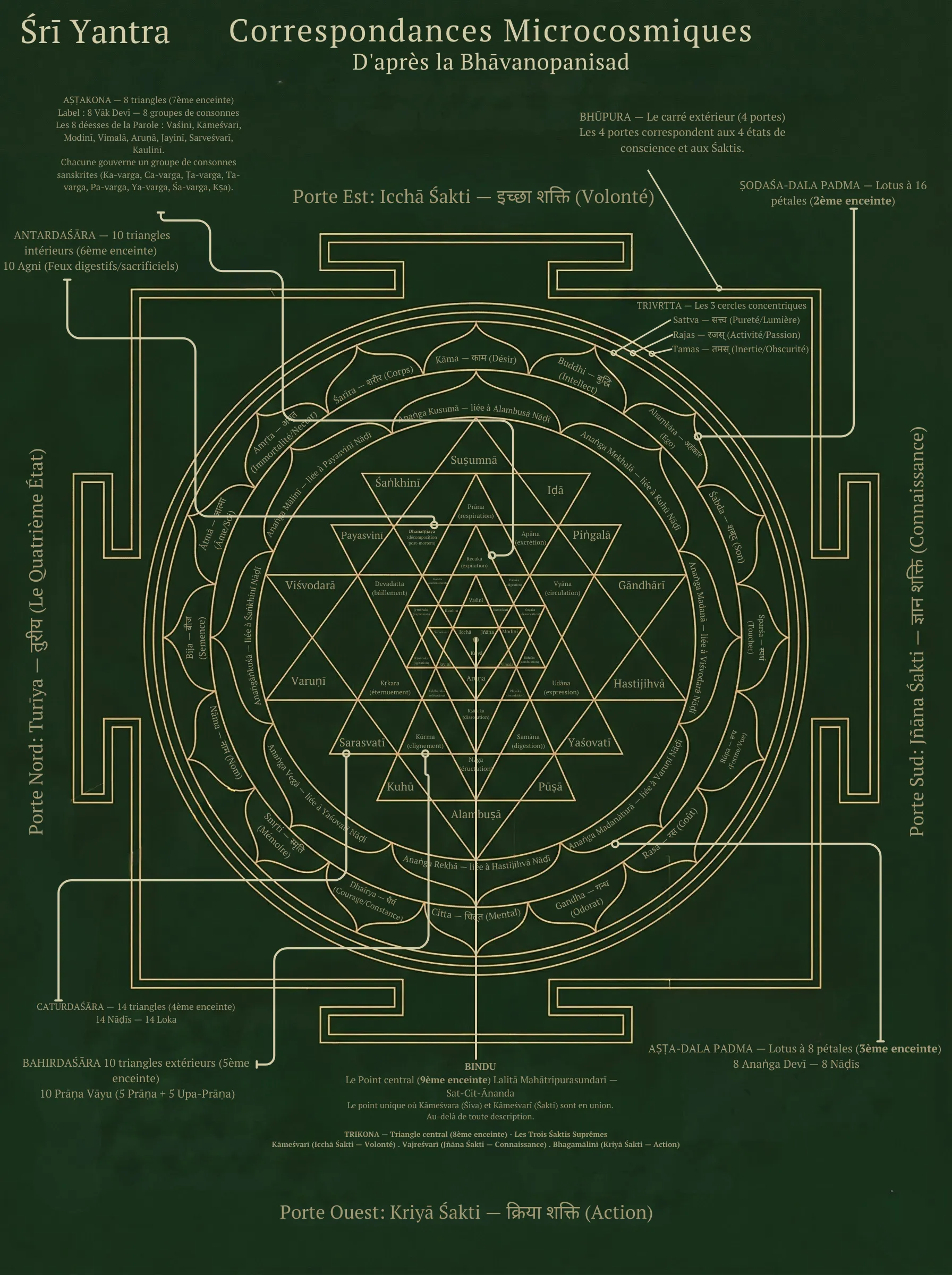 la microcosmique du Śrī Yantra montrant les différentes portes avec leurs correspondances symboliques.