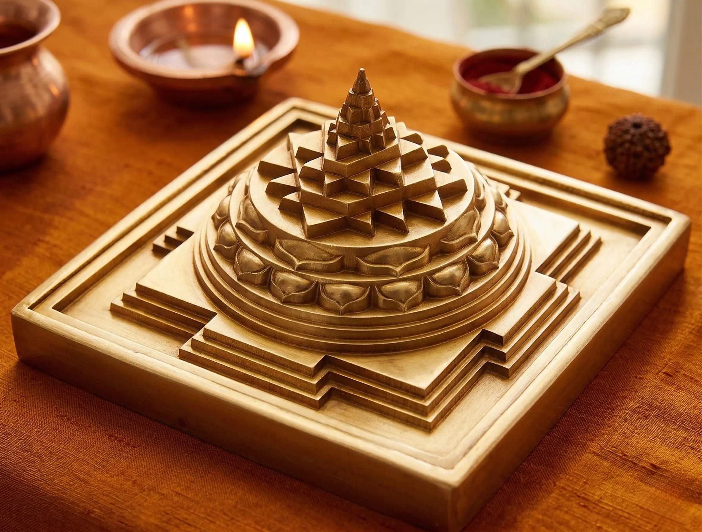 Le Śrī Yantra complet avec ses 9 triangles, 43 sous-triangles, et le Bindu central.
