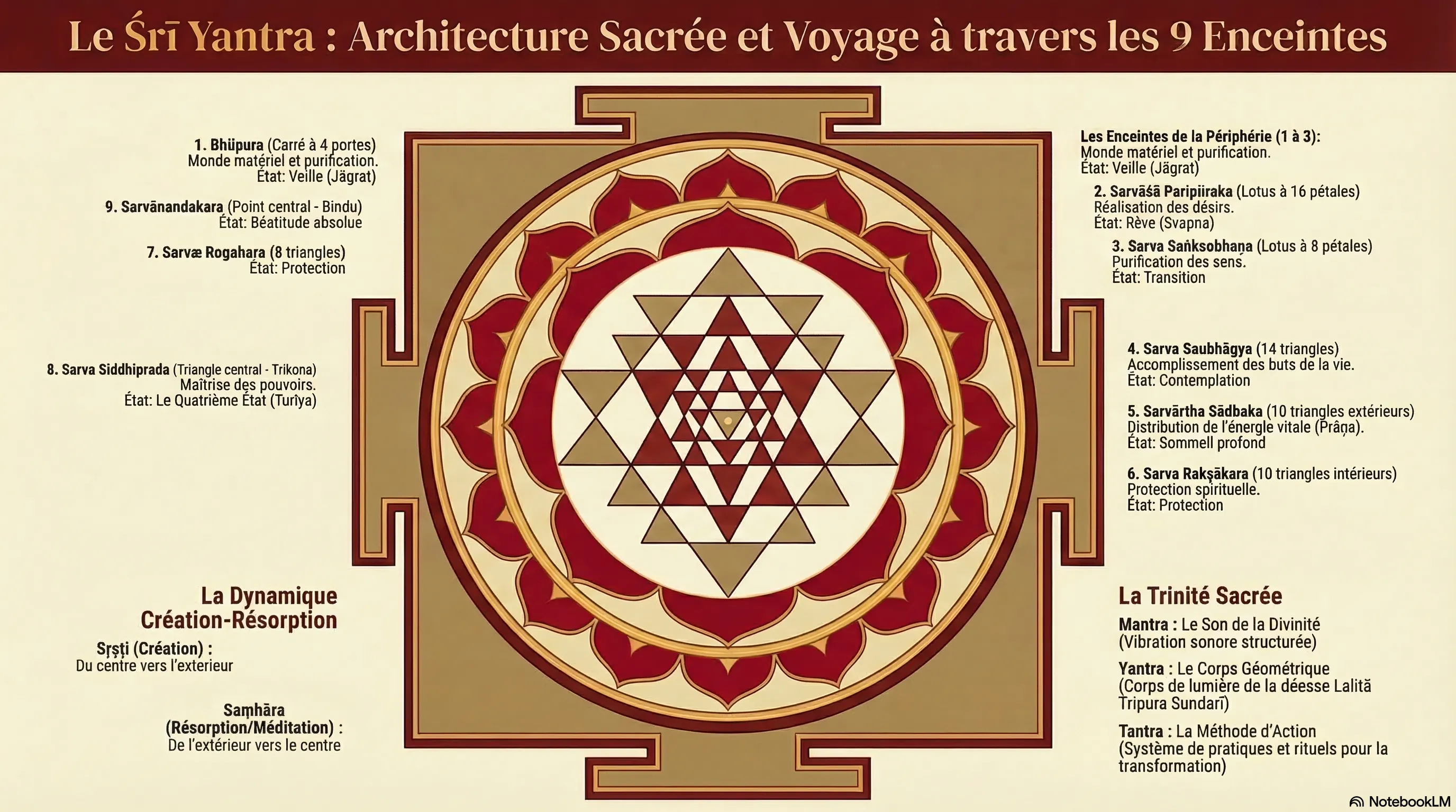 Le Śrī Yantra complet avec ses 9 triangles, 43 sous-triangles, et le Bindu central.