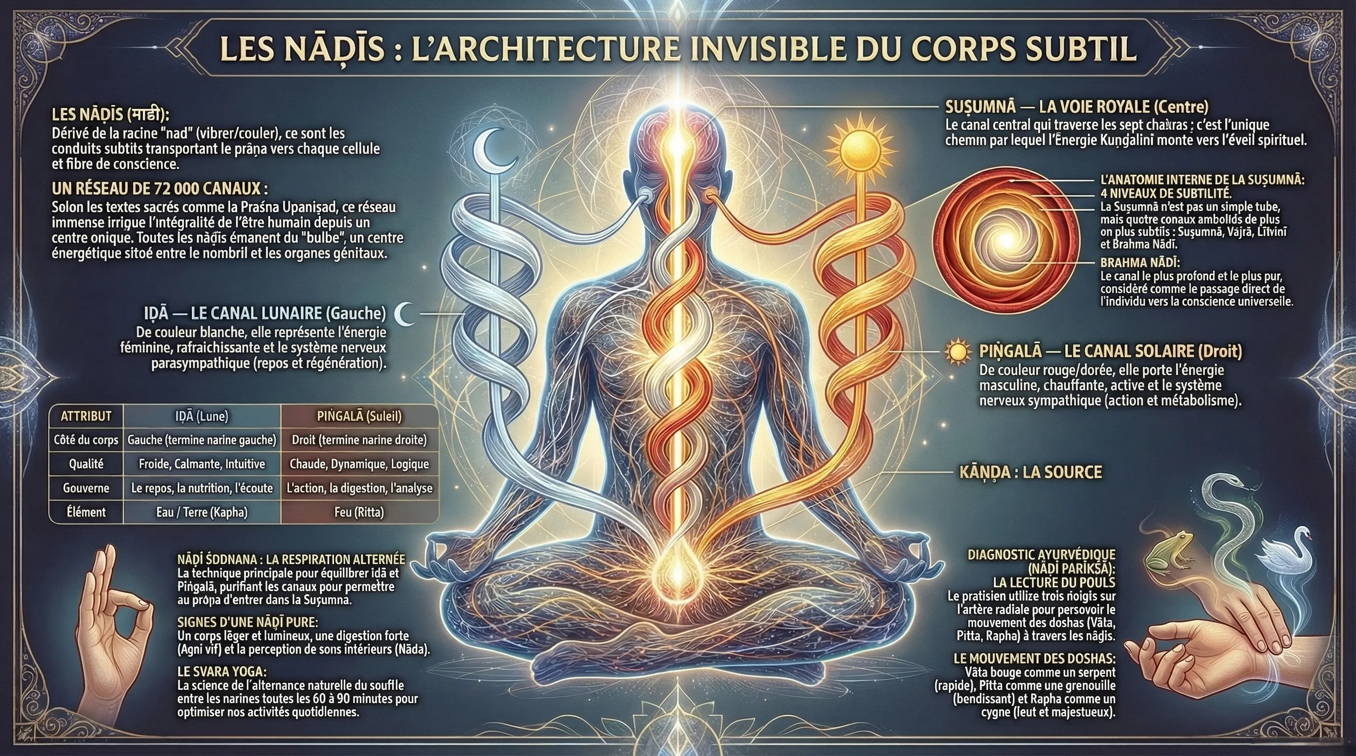 Illustration des Nāḍīs, canaux subtils du corps énergétique